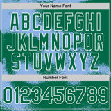 Custom Kelly Green Light Blue-White Abstract Color Blocks Fragment 3D Pattern Design Bomber Full-Snap Varsity Letterman Hoodie Jacket