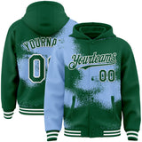 Custom Kelly Green Light Blue-White Abstract Color Blocks Fragment 3D Pattern Design Bomber Full-Snap Varsity Letterman Hoodie Jacket