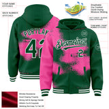 Custom Kelly Green Pink-White Abstract Color Blocks Fragment 3D Pattern Design Bomber Full-Snap Varsity Letterman Hoodie Jacket