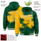Custom Kelly Green Gold-White Abstract Color Blocks Fragment 3D Pattern Design Bomber Full-Snap Varsity Letterman Hoodie Jacket