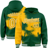 Custom Kelly Green Gold-White Abstract Color Blocks Fragment 3D Pattern Design Bomber Full-Snap Varsity Letterman Hoodie Jacket