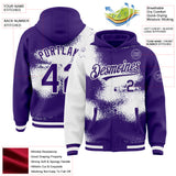 Custom Purple White Abstract Color Blocks Fragment 3D Pattern Design Bomber Full-Snap Varsity Letterman Hoodie Jacket