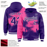 Custom Purple Pink-White Abstract Color Blocks Fragment 3D Pattern Design Bomber Full-Snap Varsity Letterman Hoodie Jacket