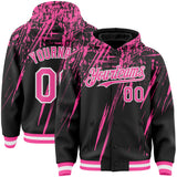Custom Black Pink-White Splash 3D Pattern Design Bomber Full-Snap Varsity Letterman Hoodie Jacket