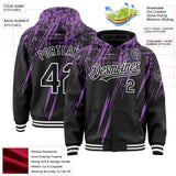 Custom Black Medium Purple-White Splash 3D Pattern Design Bomber Full-Snap Varsity Letterman Hoodie Jacket
