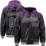 Custom Black Medium Purple-White Splash 3D Pattern Design Bomber Full-Snap Varsity Letterman Hoodie Jacket