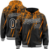 Custom Black Bay Orange-White Splash 3D Pattern Design Bomber Full-Snap Varsity Letterman Hoodie Jacket