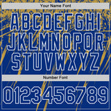 Custom Royal Old Gold-White Splash 3D Pattern Design Bomber Full-Snap Varsity Letterman Hoodie Jacket