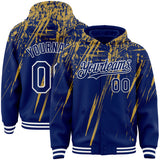 Custom Royal Old Gold-White Splash 3D Pattern Design Bomber Full-Snap Varsity Letterman Hoodie Jacket