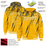 Custom Gold Navy-White Splash 3D Pattern Design Bomber Full-Snap Varsity Letterman Hoodie Jacket