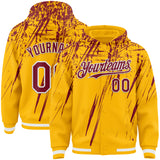 Custom Gold Crimson-White Splash 3D Pattern Design Bomber Full-Snap Varsity Letterman Hoodie Jacket