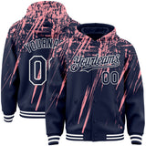 Custom Navy Medium Pink-White Splash 3D Pattern Design Bomber Full-Snap Varsity Letterman Hoodie Jacket