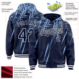 Custom Navy Light Blue-White Splash 3D Pattern Design Bomber Full-Snap Varsity Letterman Hoodie Jacket