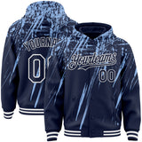 Custom Navy Light Blue-White Splash 3D Pattern Design Bomber Full-Snap Varsity Letterman Hoodie Jacket