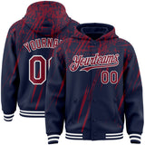 Custom Navy Crimson-White Splash 3D Pattern Design Bomber Full-Snap Varsity Letterman Hoodie Jacket