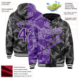Custom Graffiti Pattern Purple Black-White Scratch Bomber Full-Snap Varsity Letterman Hoodie Jacket