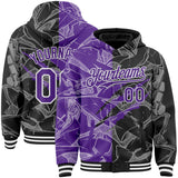 Custom Graffiti Pattern Purple Black-White Scratch Bomber Full-Snap Varsity Letterman Hoodie Jacket