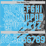 Custom Graffiti Pattern Sky Blue Black-White Scratch Bomber Full-Snap Varsity Letterman Hoodie Jacket