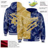 Custom Graffiti Pattern Old Gold Royal-White Scratch Bomber Full-Snap Varsity Letterman Hoodie Jacket