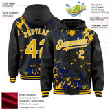 Custom Black Gold Royal-White Splash 3D Pattern Design Bomber Full-Snap Varsity Letterman Hoodie Jacket