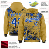 Custom Old Gold Thunder Blue Black-White Splash 3D Pattern Design Bomber Full-Snap Varsity Letterman Hoodie Jacket