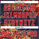 Custom Navy Red Old Gold-White Splash 3D Pattern Design Bomber Full-Snap Varsity Letterman Hoodie Jacket