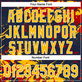 Custom Navy Gold Red-White Splash 3D Pattern Design Bomber Full-Snap Varsity Letterman Hoodie Jacket