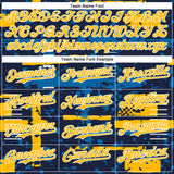 Custom Navy Gold Blue-White Abstract Fragment Shape 3D Pattern Design Bomber Full-Snap Varsity Letterman Hoodie Jacket