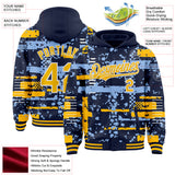 Custom Navy Gold Light Blue-White Abstract Fragment Shape 3D Pattern Design Bomber Full-Snap Varsity Letterman Hoodie Jacket