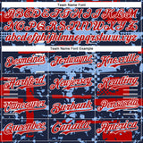 Custom Navy Red Light Blue-White Abstract Fragment Shape 3D Pattern Design Bomber Full-Snap Varsity Letterman Hoodie Jacket