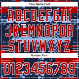 Custom Navy Red Light Blue-White Abstract Fragment Shape 3D Pattern Design Bomber Full-Snap Varsity Letterman Hoodie Jacket