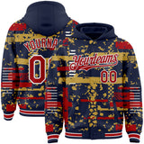 Custom Navy Red Old Gold-White Abstract Fragment Shape 3D Pattern Design Bomber Full-Snap Varsity Letterman Hoodie Jacket