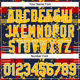 Custom Navy Gold Red-White Abstract Fragment Shape 3D Pattern Design Bomber Full-Snap Varsity Letterman Hoodie Jacket