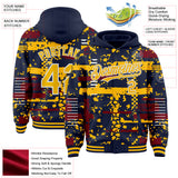 Custom Navy Gold Crimson-White Abstract Fragment Shape 3D Pattern Design Bomber Full-Snap Varsity Letterman Hoodie Jacket