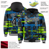 Custom Black Neon Green Blue-White Abstract Fragment Shape 3D Pattern Design Bomber Full-Snap Varsity Letterman Hoodie Jacket