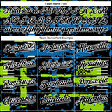 Custom Black Neon Green Blue-White Abstract Fragment Shape 3D Pattern Design Bomber Full-Snap Varsity Letterman Hoodie Jacket
