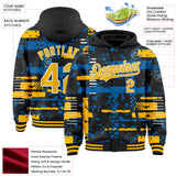 Custom Black Gold Blue-White Abstract Fragment Shape 3D Pattern Design Bomber Full-Snap Varsity Letterman Hoodie Jacket