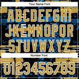 Custom Black Old Gold Blue-White Abstract Fragment Shape 3D Pattern Design Bomber Full-Snap Varsity Letterman Hoodie Jacket