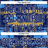 Custom Royal Powder Blue Old Gold-White Abstract Fragment Shape 3D Pattern Design Bomber Full-Snap Varsity Letterman Hoodie Jacket
