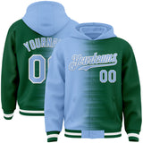 Custom Light Blue Kelly Green-White Gradient Line Bomber Full-Snap Varsity Letterman Hoodie Jacket