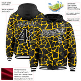 Custom Black Yellow-White Abstract Network 3D Pattern Design Bomber Full-Snap Varsity Letterman Hoodie Jacket