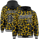 Custom Black Yellow-White Abstract Network 3D Pattern Design Bomber Full-Snap Varsity Letterman Hoodie Jacket