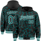 Custom Black Teal-White Abstract Network 3D Pattern Design Bomber Full-Snap Varsity Letterman Hoodie Jacket