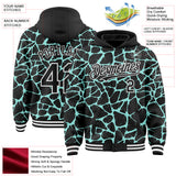 Custom Black Ice Blue-White Abstract Network 3D Pattern Design Bomber Full-Snap Varsity Letterman Hoodie Jacket