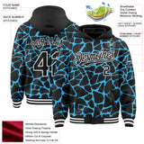 Custom Black Sky Blue-White Abstract Network 3D Pattern Design Bomber Full-Snap Varsity Letterman Hoodie Jacket