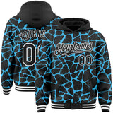 Custom Black Sky Blue-White Abstract Network 3D Pattern Design Bomber Full-Snap Varsity Letterman Hoodie Jacket