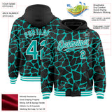 Custom Black Aqua-White Abstract Network 3D Pattern Design Bomber Full-Snap Varsity Letterman Hoodie Jacket