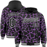 Custom Black Medium Purple-White Abstract Network 3D Pattern Design Bomber Full-Snap Varsity Letterman Hoodie Jacket