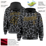 Custom Black Gray-Old Gold Abstract Network 3D Pattern Design Bomber Full-Snap Varsity Letterman Hoodie Jacket