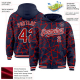 Custom Navy Red-White Abstract Network 3D Pattern Design Bomber Full-Snap Varsity Letterman Hoodie Jacket